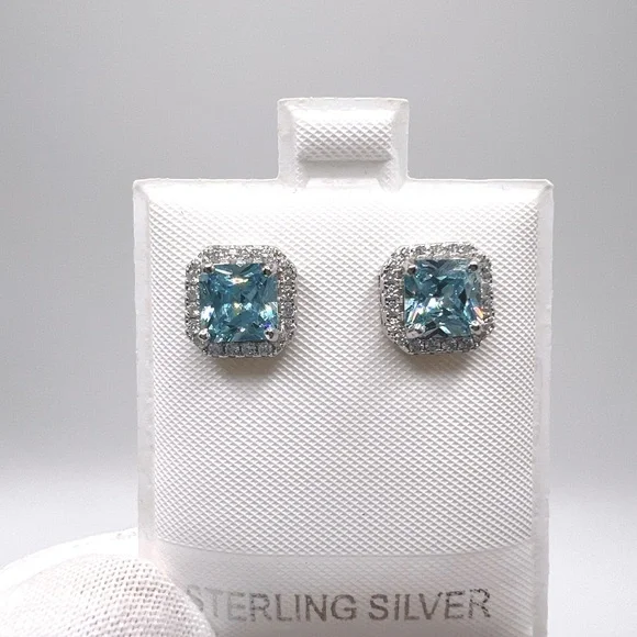 .925 Sterling Silver Halo Cushion Cut Simulated Aquamarine Cz Earrings - Picture 8 of 12
